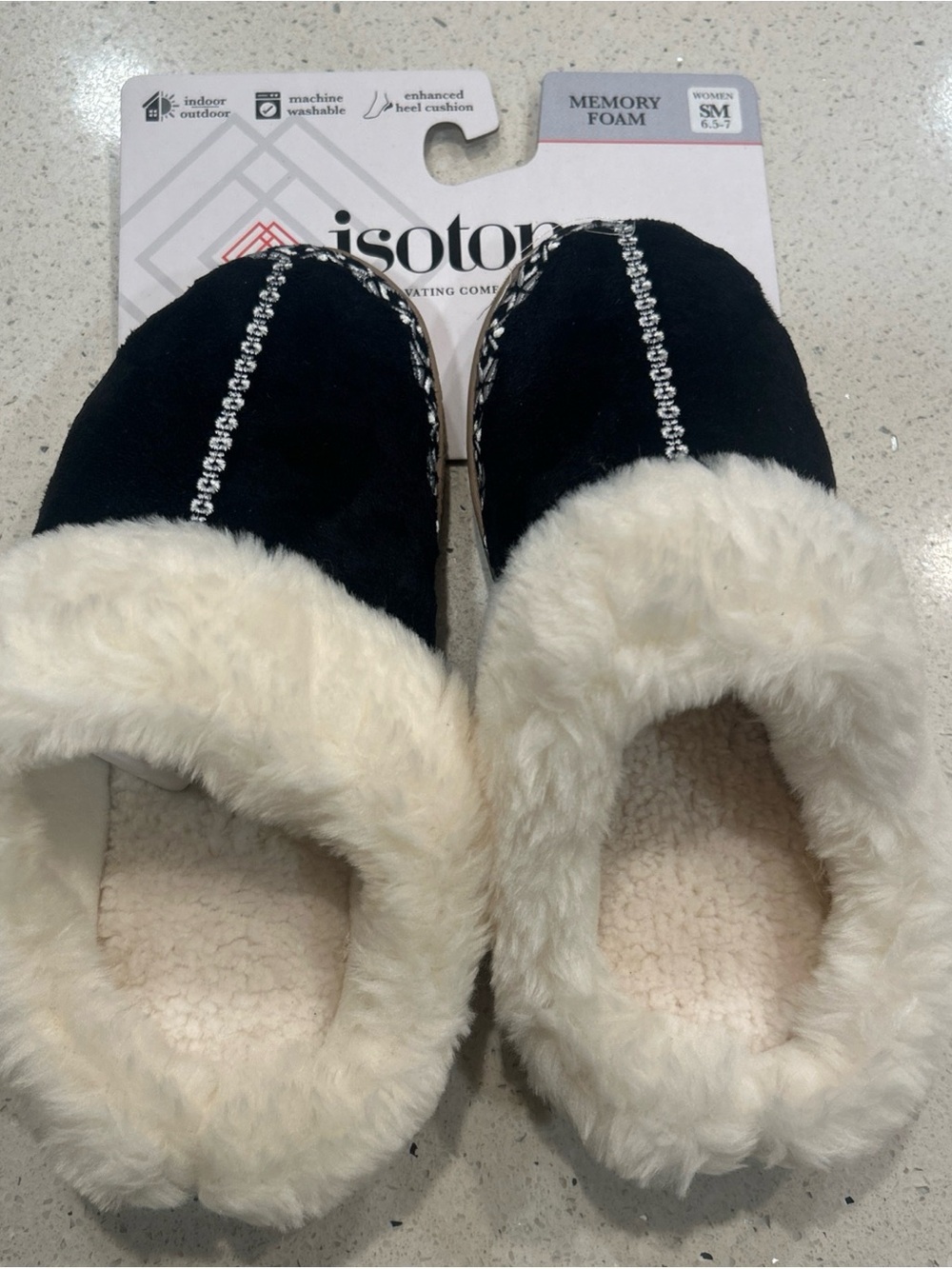 isotoner Black Slip-On Memory Foam Slippers with Cream Faux Fur